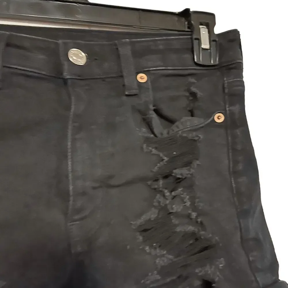 AMERICAN EAGLE MOM SHORTS Solid Black Zip Fly High Rise Roll Cuff Jeans Denim  4